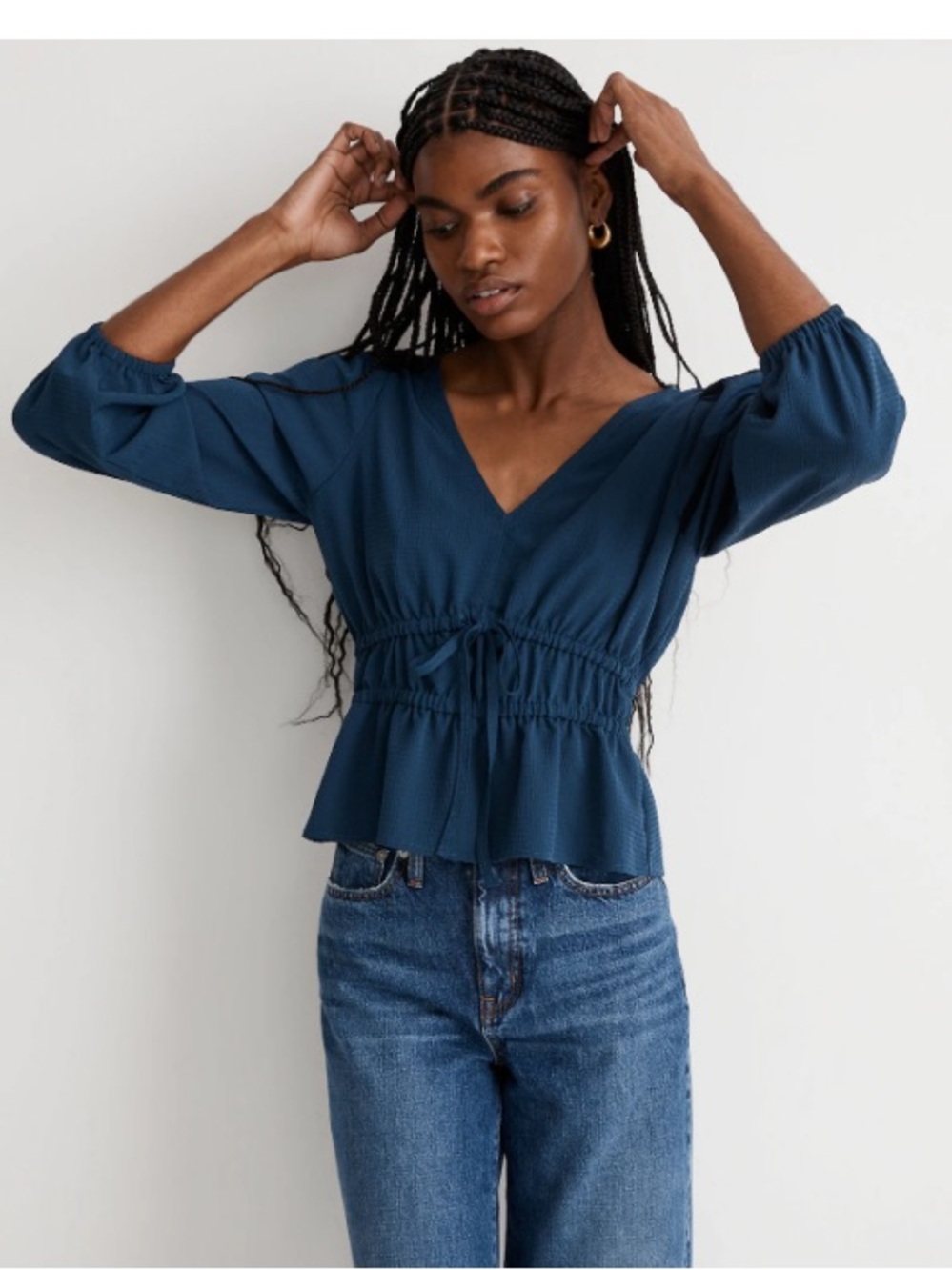 Madewell Teal Seersucker V-Neck Peplum Blouse